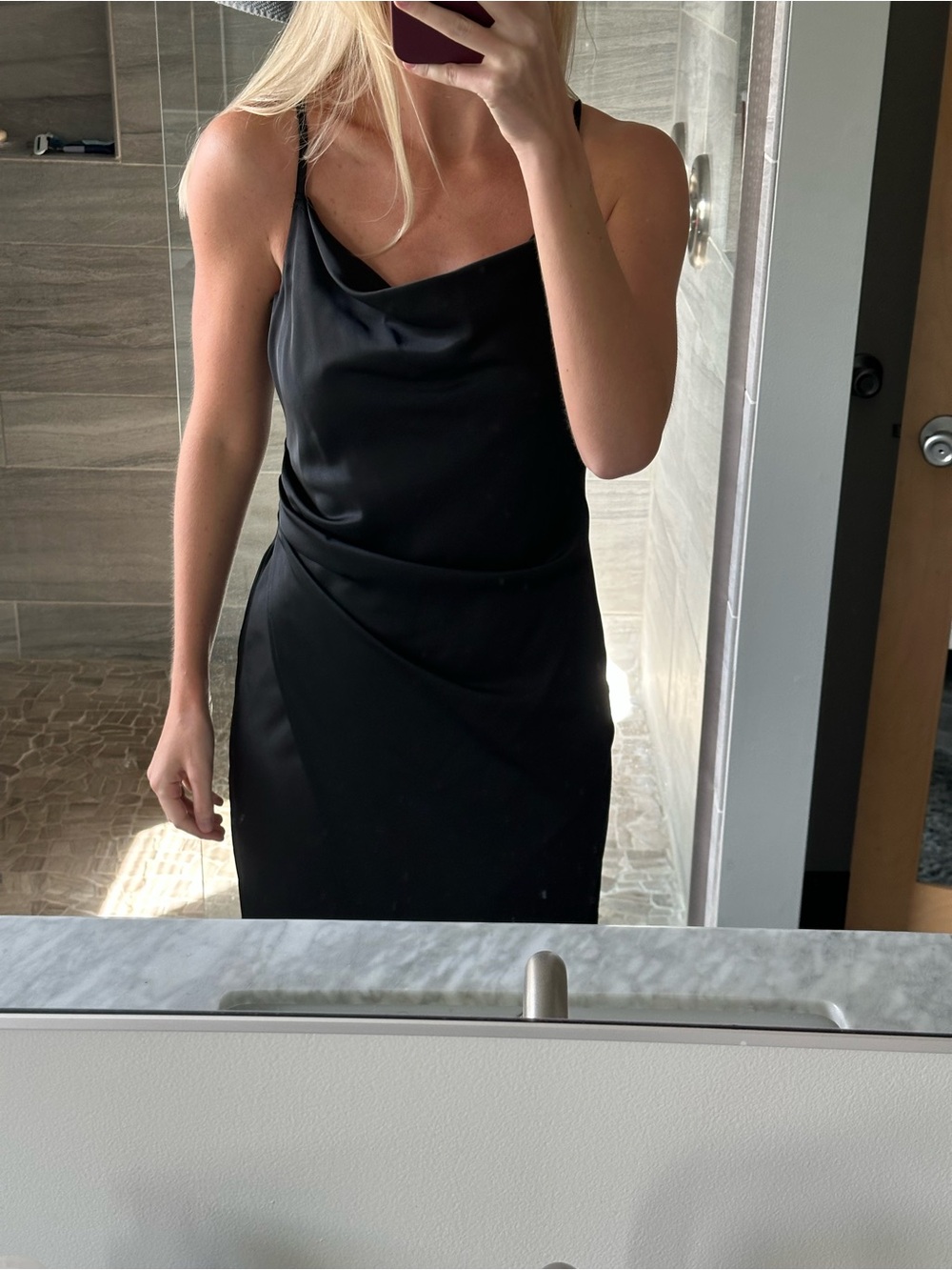 Lulu's Black Satin Cowl Slip Midi Dress